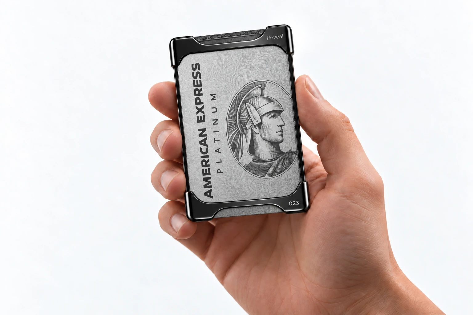 Reveal Wallet in Black, numbered 023, held in a hand