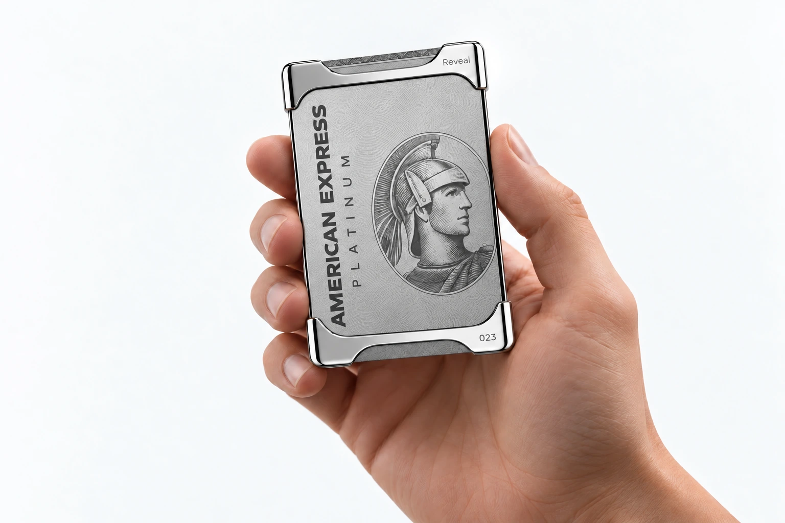 Reveal Wallet in Silver, numbered 023, held in a hand